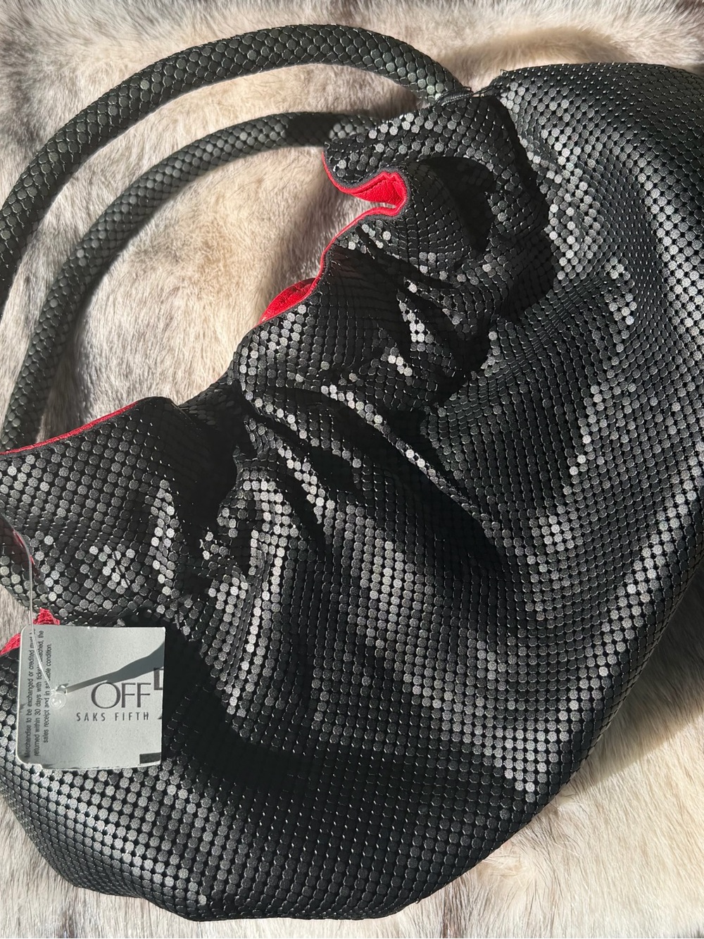 NWT Whiting & Davis Black Mesh Satchel Bag with Red Leather Trim Accent